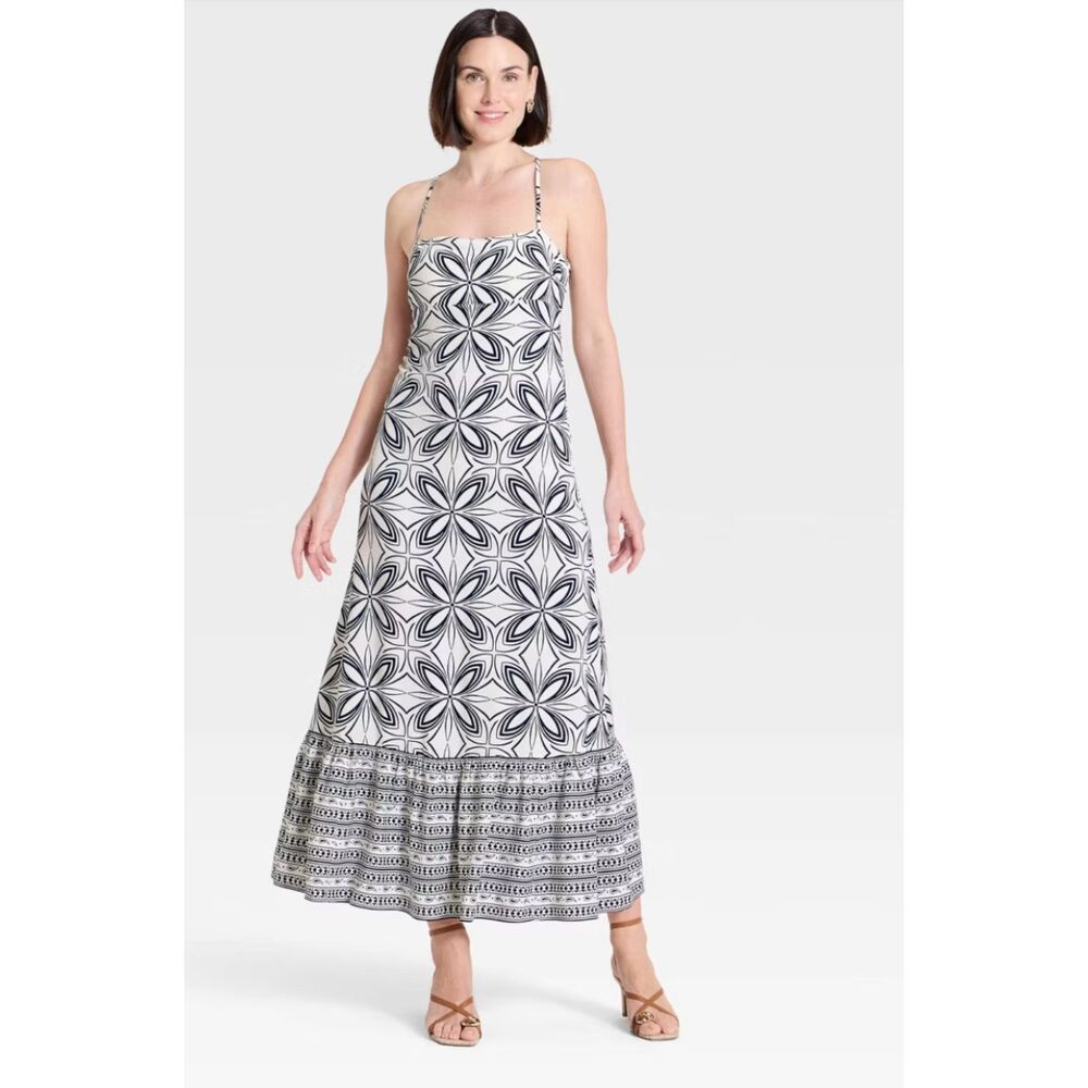 Women’s Black & White Floral Print Strapless Maxi Dress Size XL
